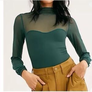 Free People Forest Green Sheer Mock Neck Long Sleeve Top